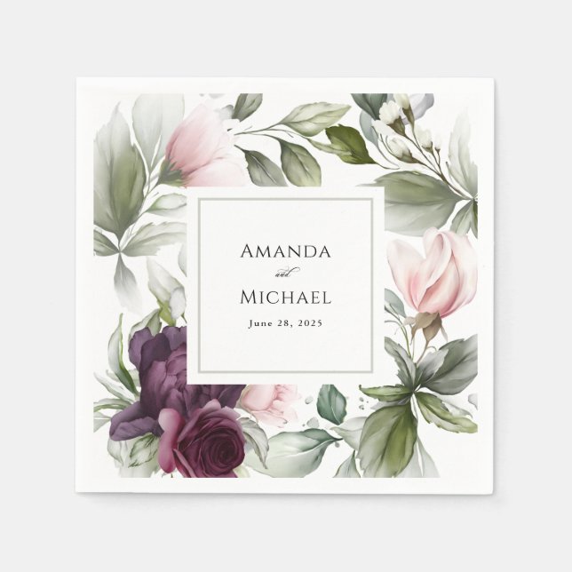 Serviette En Papier Aquarelle rose et prune Mariage de charme botaniqu (Devant)