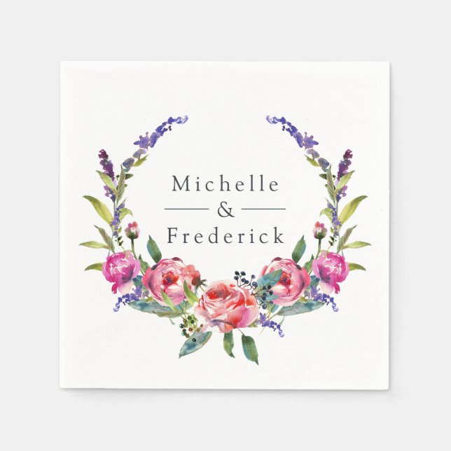 Serviette En Papier Aquarelle rose et violet Mariage Floral (Devant)