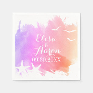 Serviette En Papier Aquarelle rose, étoile de mer mariage d'été