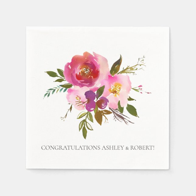 Serviette En Papier Aquarelle rose Fête des mariées florale (Devant)