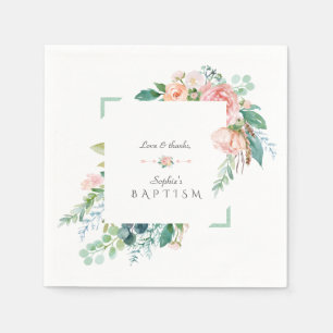 Serviette En Papier Aquarelle rose Fleurs blanches Mariage cadre vert