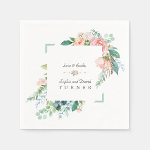 Serviette En Papier Aquarelle rose Fleurs blanches Mariage cadre vert