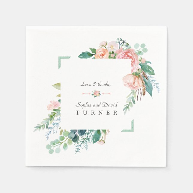 Serviette En Papier Aquarelle rose Fleurs blanches Mariage cadre vert (Devant)