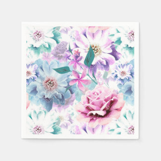 Serviette En Papier Aquarelle rose, fleurs bleues.