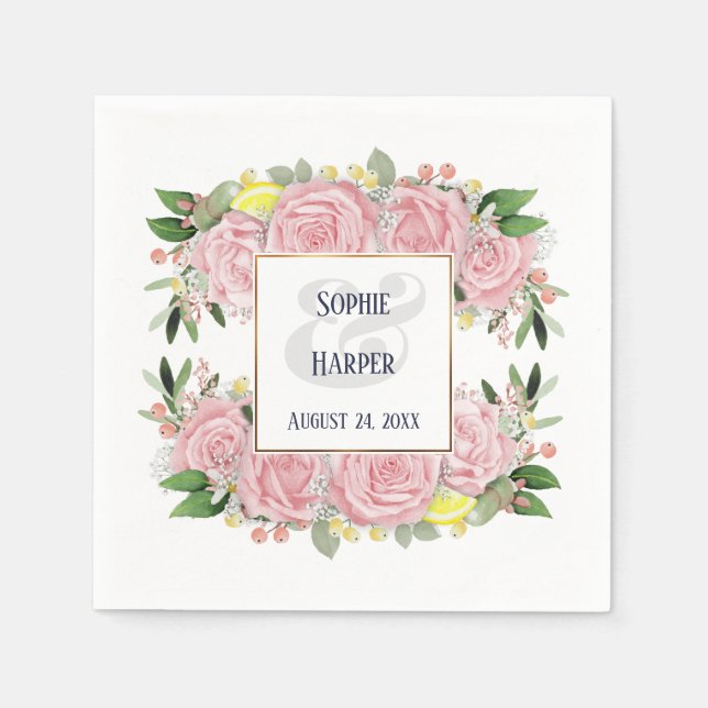 Serviette En Papier Aquarelle rose Fleurs Citrons jaunes Bordure or (Devant)