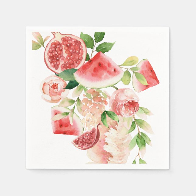 Serviette En Papier Aquarelle rose Fleurs et fruits (Devant)