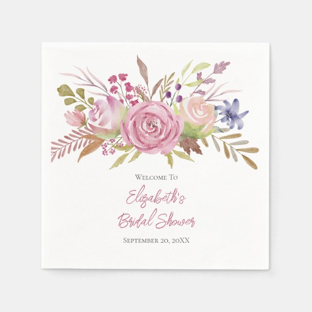Serviette En Papier Aquarelle rose florale Fête des mariées botanique (Devant)