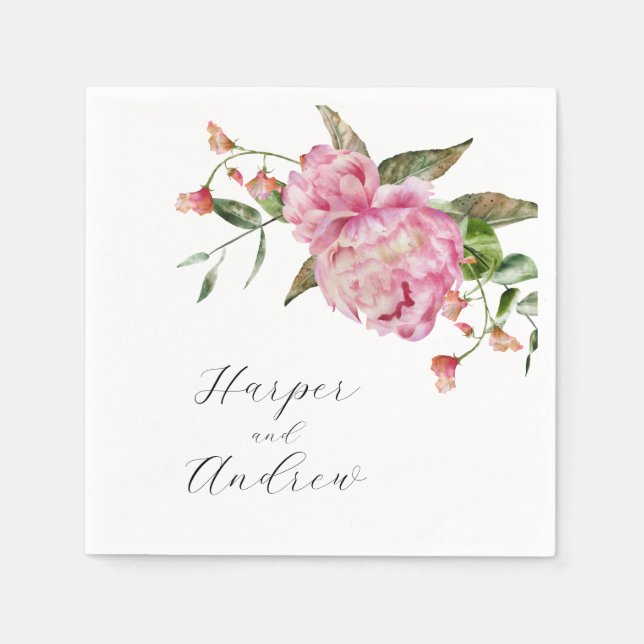 Serviette En Papier Aquarelle rose Mariage floral (Devant)