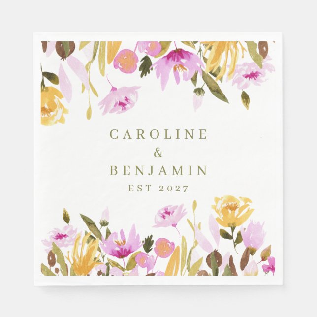 Serviette En Papier Aquarelle rose moderne Floral Noms personnalisés M (Devant)