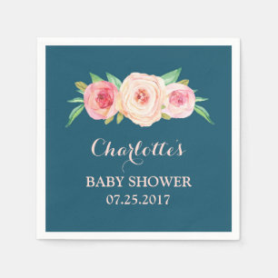 Serviette En Papier Aquarelle rose pâle Floral Navy Baby shower bleu