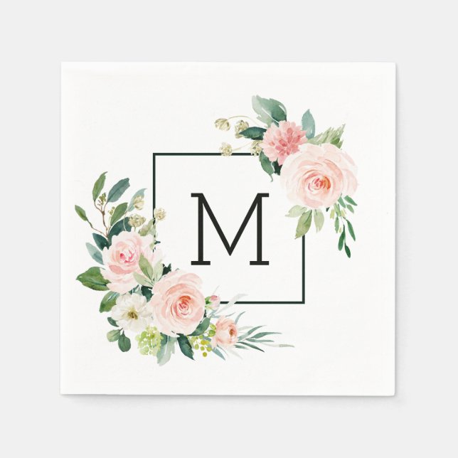 Serviette En Papier Aquarelle rose pâle Monogramme de fleur (Devant)