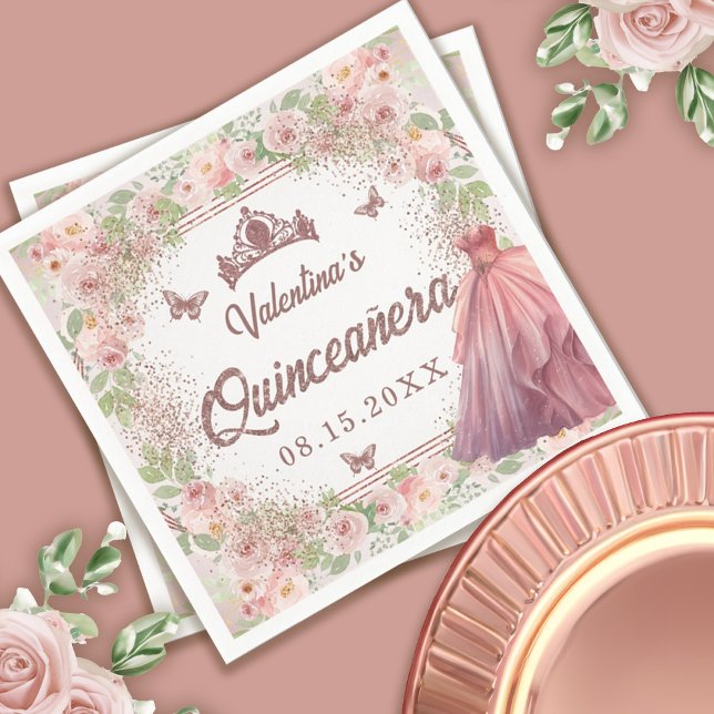 Serviette En Papier Aquarelle rose pâle Parties scintillant florale Qu (Blush Pink Watercolor Floral Glitter Quinceanera Napkins)