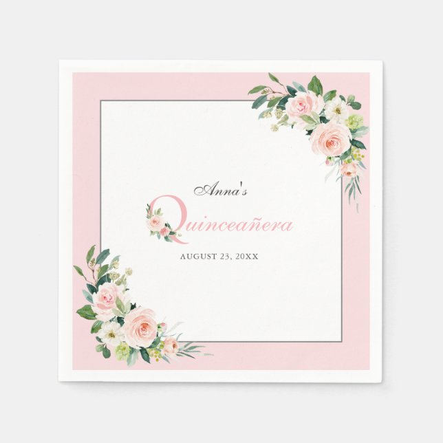 Serviette En Papier Aquarelle rose pâle Quinceanera florale Anniversai (Devant)