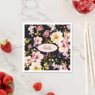 Serviette En Papier Aquarelle rose Roses jaunes sur noir, Monogramme
