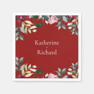 Serviette En Papier Aquarelle Rose Rouge Floral Mariage Cocktail