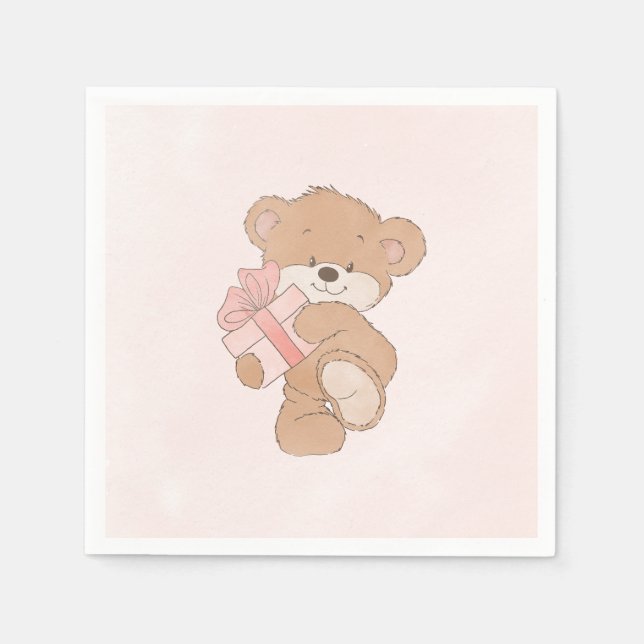 Serviette En Papier Aquarelle rose simple Baby shower ours en peluche (Devant)