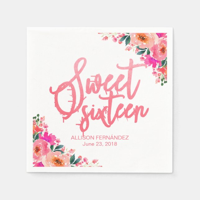 Serviette En Papier Aquarelle rose sweet sixteen chaud Floral (Devant)