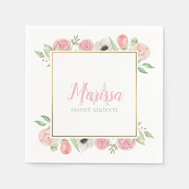 Serviette En Papier Aquarelle rose vif Floral Sweet 16 Anniversaire (Devant)