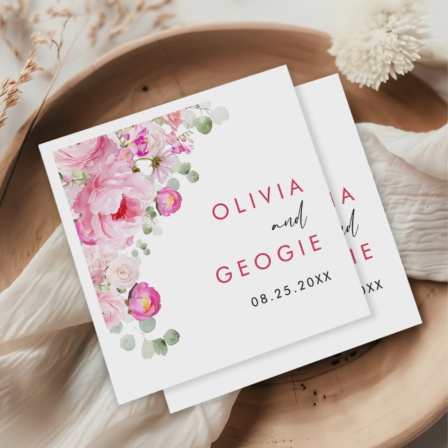 Serviette En Papier Aquarelle rose vif Mariage de pivoine florale (Créateur téléchargé)