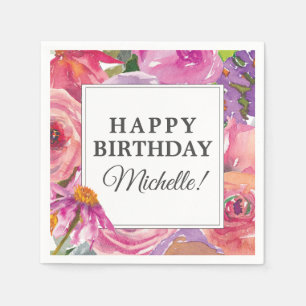 Serviette En Papier Aquarelle rose violet Fleur sauvage Joyeux anniver