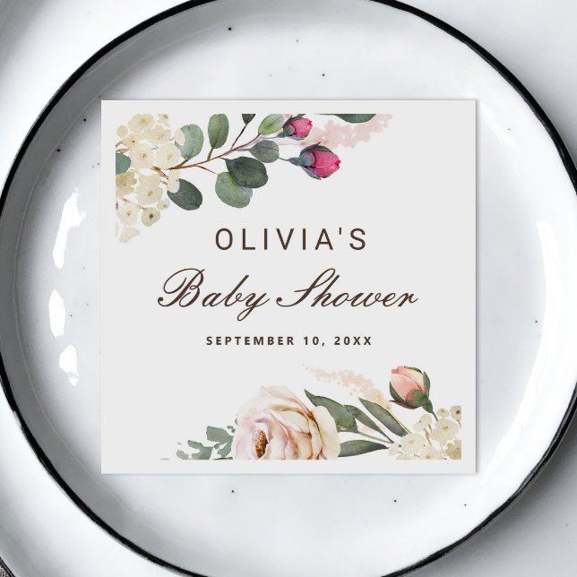 Serviette En Papier Aquarelle roses. Baby shower fleuri du jardin (Créateur téléchargé)