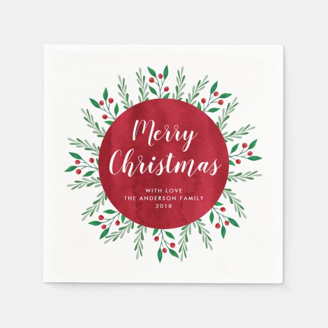 Serviette En Papier Aquarelle rouge de Noël personnalisée Floral (Devant)