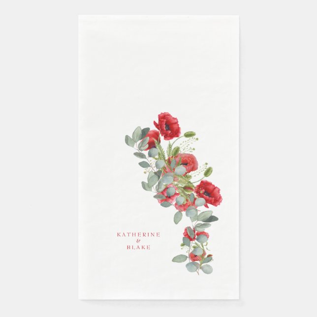 Serviette En Papier Aquarelle Rouge Floral & Eucalyptus Noms Mariage (Devant)