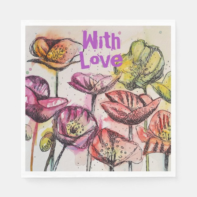 Serviette En Papier Aquarelle rouge Pavot rose vif Fleurs florales (Devant)