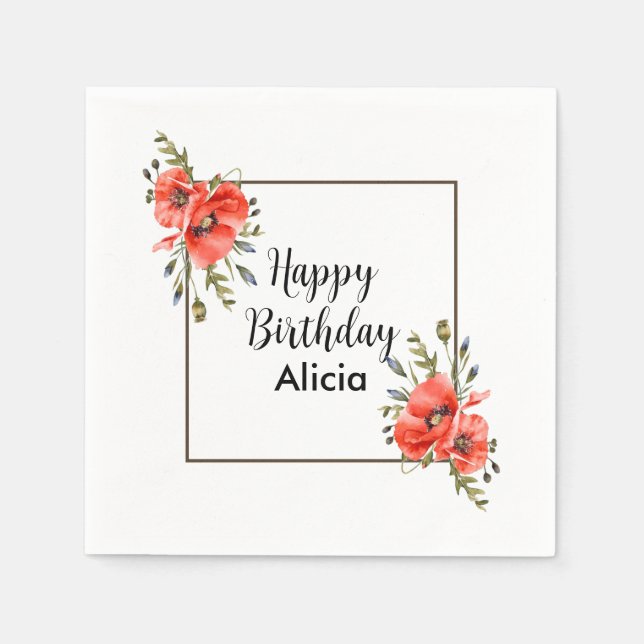 Serviette En Papier Aquarelle Rouge Pavot vert 50e anniversaire (Devant)