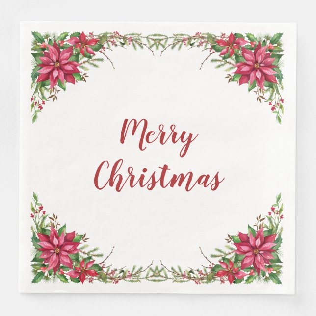 Serviette En Papier Aquarelle Rouge Poinsettia Fleur Noël (Devant)