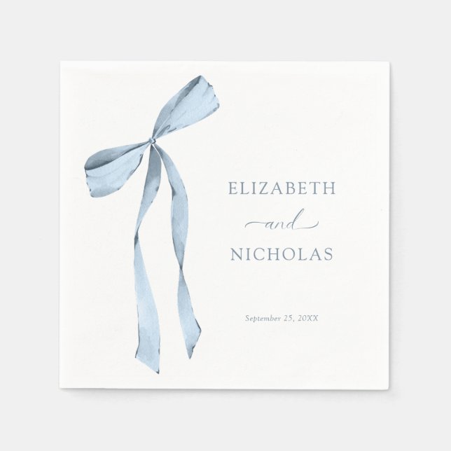 Serviette En Papier Aquarelle Ruban Bow Dusty Blue Mariage (Devant)