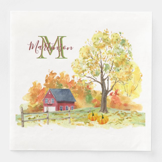 Serviette En Papier Aquarelle rustique Automne Pays Nom Monogramme (Devant)