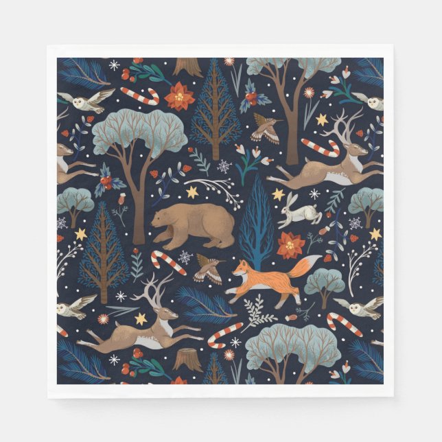 Serviette En Papier Aquarelle rustique Bois Animaux Arbres Noël (Devant)