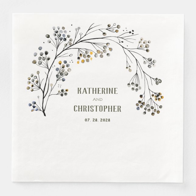 Serviette En Papier Aquarelle rustique Dusty Blue Tree Branch & Berrie (Devant)