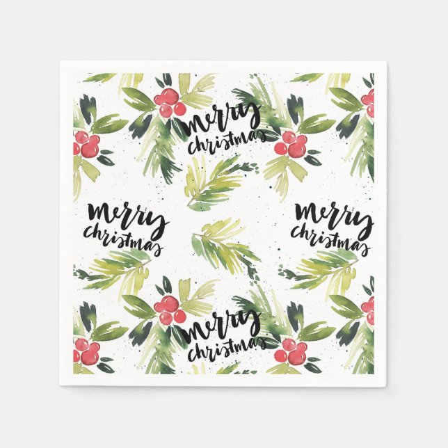 Serviette En Papier Aquarelle rustique Holly Motif Joyeux Noël (Devant)