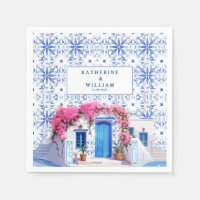Aquarelle Santorini Grèce mariage bleu et blanc