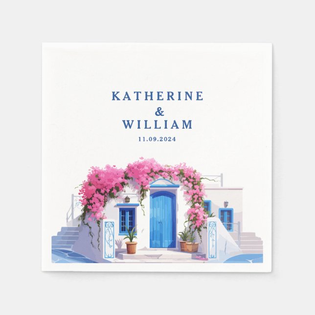 Serviette En Papier Aquarelle Santorini Grèce mariage bleu et blanc (Devant)