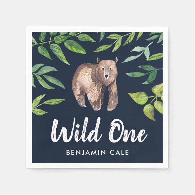 Serviette En Papier Aquarelle Sauvage Un Ours Premier Anniversaire | M (Devant)