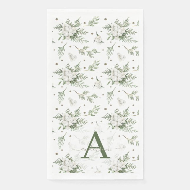 Serviette En Papier Aquarelle Snowberry White Cèdre Branche Noël (Devant)
