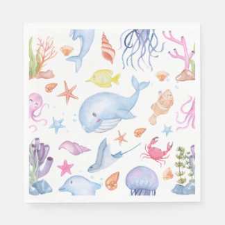 Serviette En Papier Aquarelle sous la mer Fête d'animaux océaniques mi