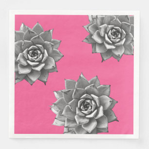 Serviette En Papier Aquarelle Succulente Gris sur rose chaud