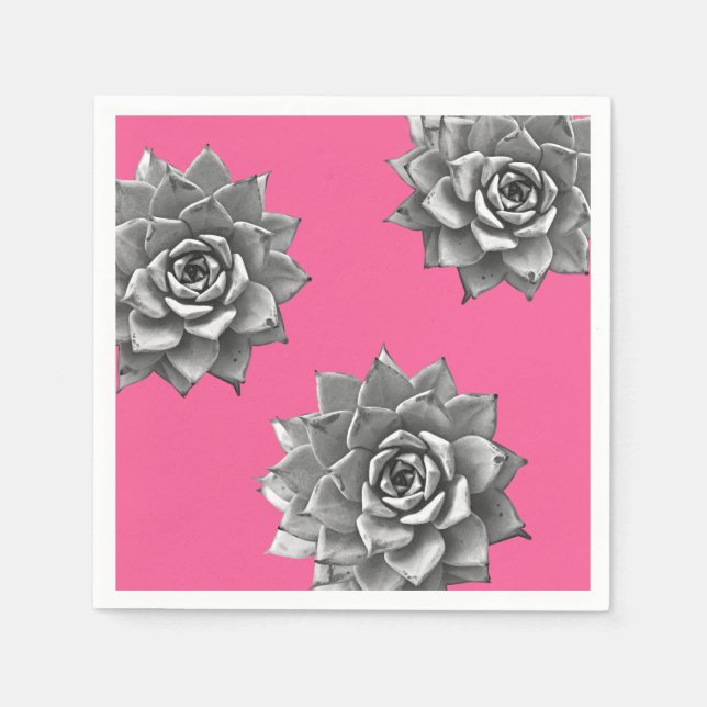 Serviette En Papier Aquarelle Succulente Gris sur rose chaud (Devant)