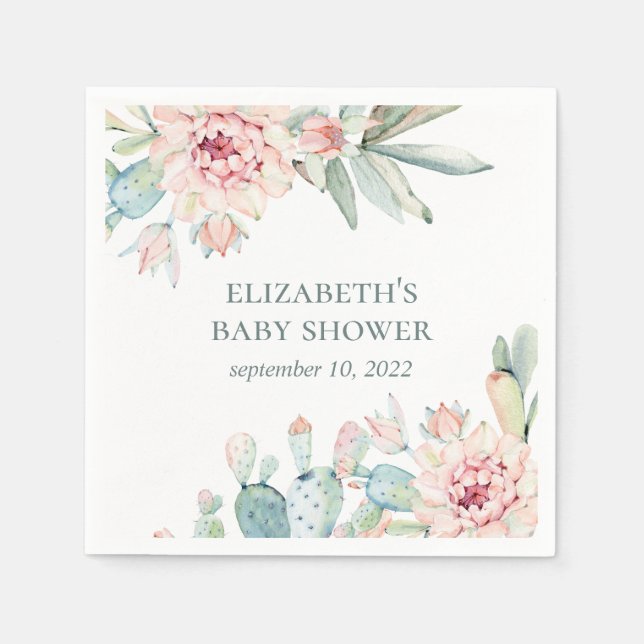 Serviette En Papier Aquarelle succulents baby shower. Cactus floral (Devant)