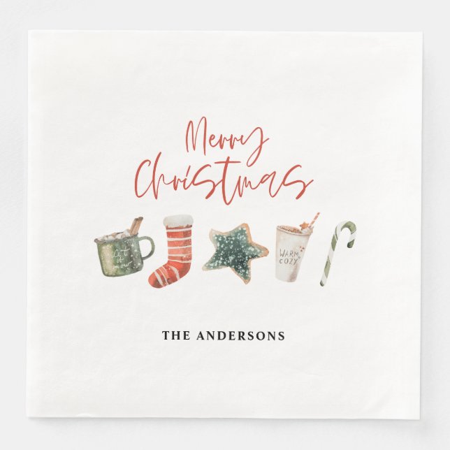 Serviette En Papier Aquarelle sucre de canne de boissons de Noël (Devant)