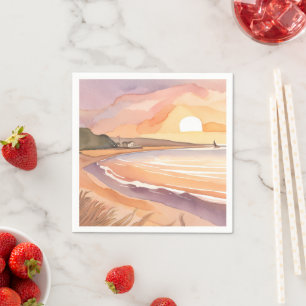 Serviette En Papier Aquarelle Sunset Beach   Belle peinture océanique