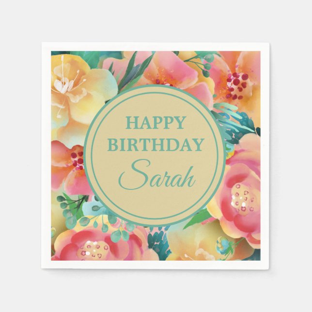 Serviette En Papier Aquarelle Turquoise rose jaune Floral Joyeux anniv (Devant)