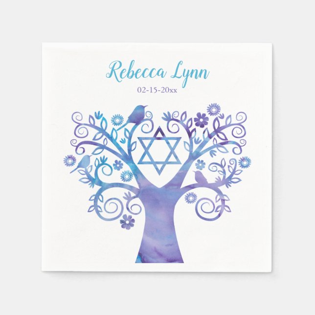Serviette En Papier Aquarelle Turquoise violette Arbre Bat mitzvah de  (Devant)