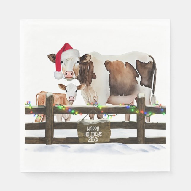 Serviette En Papier Aquarelle Vaches de Noël avec chapeau de Père Noël (Devant)