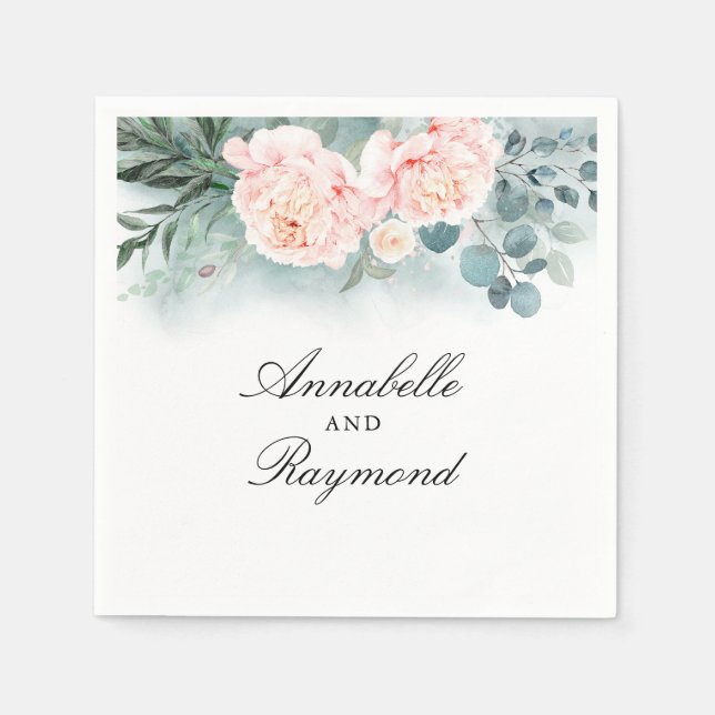 Serviette En Papier Aquarelle Verdure et Fleurs roses Bouquet Chic (Devant)