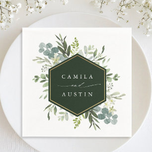 Serviette En Papier Aquarelle Verdure Or Hexagon Mariage Napkins